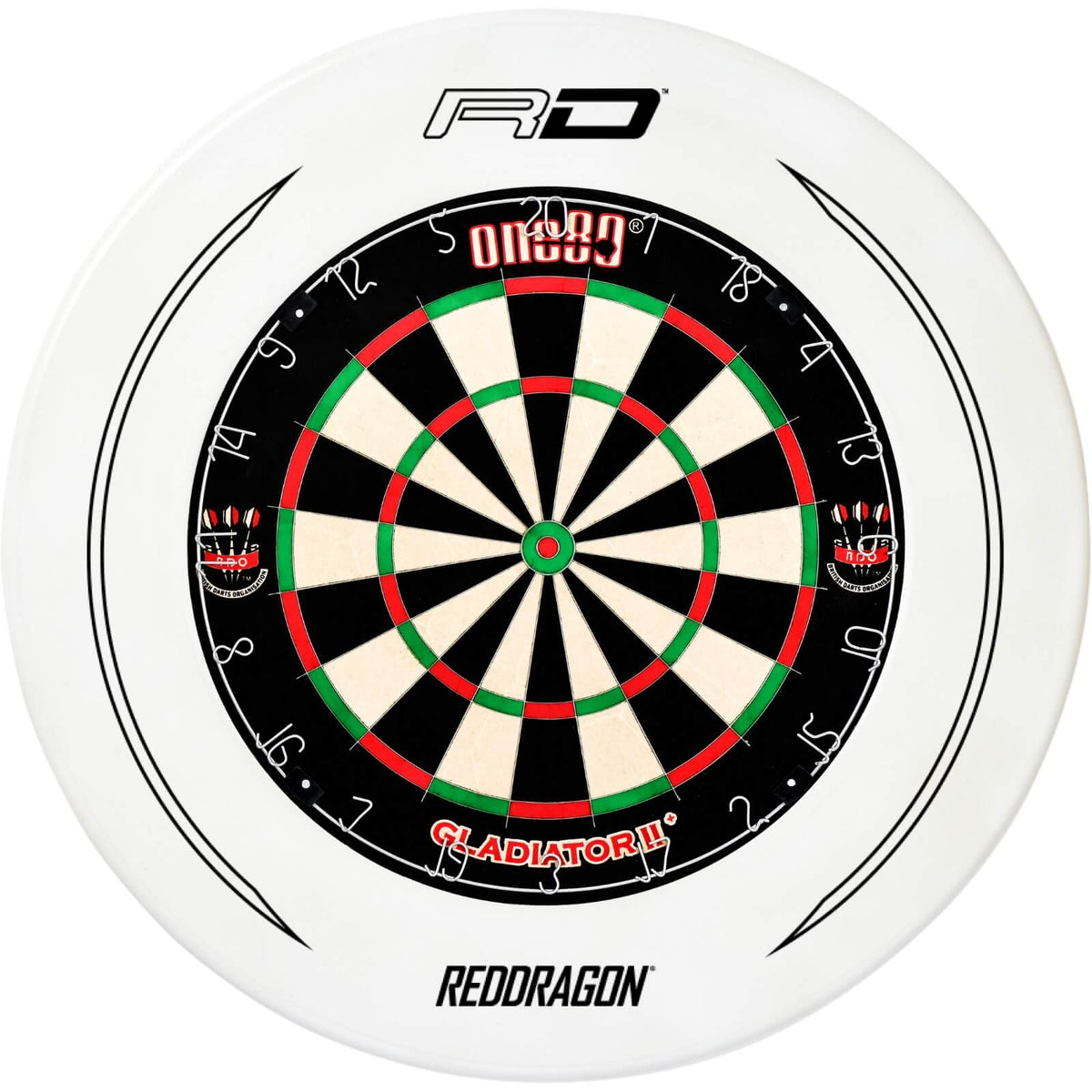 Surrounds &amp; Dartboards - Red Dragon - Printed Dartboard Surround &amp; Dartboard Bundle - Choose Your Board White / One80 - Gladiator 2+