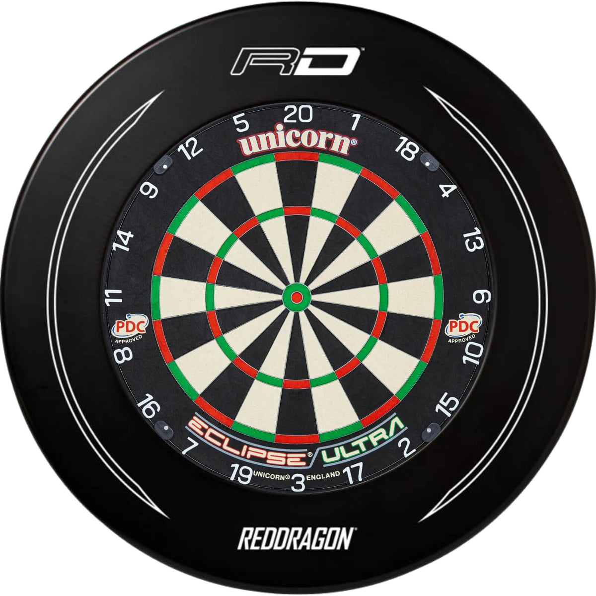 Surrounds &amp; Dartboards - Red Dragon - Printed Dartboard Surround &amp; Dartboard Bundle - Choose Your Board Black / Unicorn - Eclipse Ultra