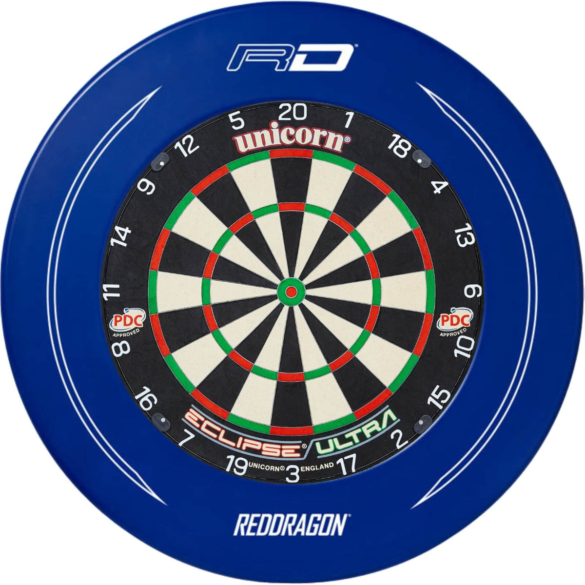 Surrounds &amp; Dartboards - Red Dragon - Printed Dartboard Surround &amp; Dartboard Bundle - Choose Your Board Blue / Unicorn - Eclipse Ultra