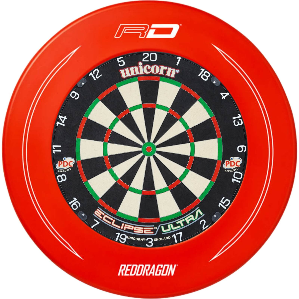 Surrounds &amp; Dartboards - Red Dragon - Printed Dartboard Surround &amp; Dartboard Bundle - Choose Your Board Red / Unicorn - Eclipse Ultra
