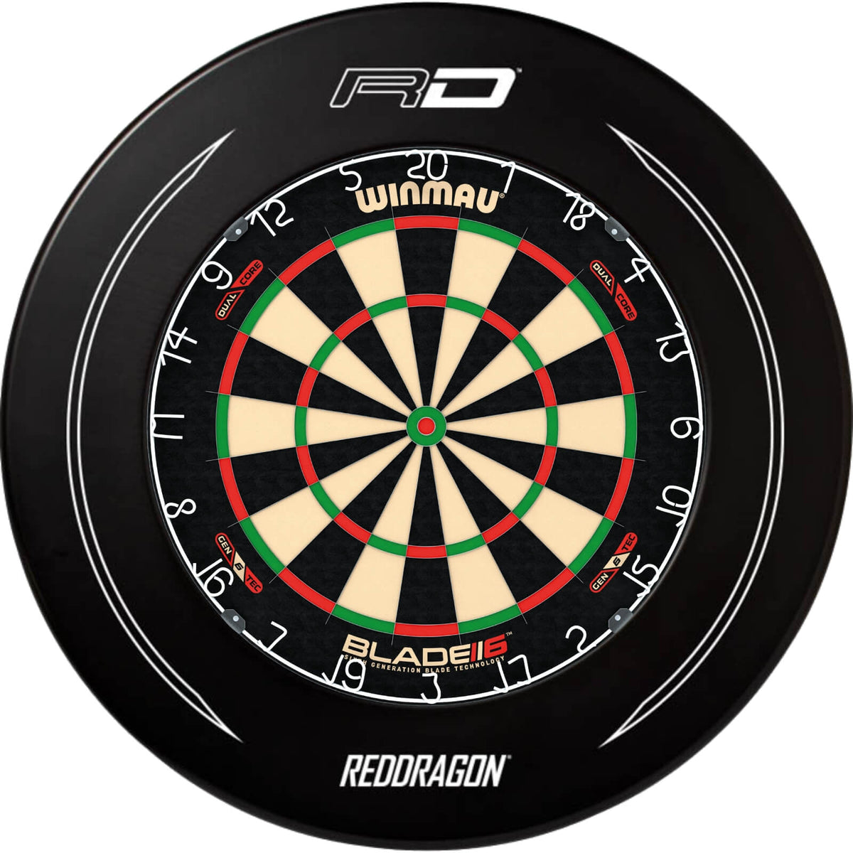 Surrounds &amp; Dartboards - Red Dragon - Printed Dartboard Surround &amp; Dartboard Bundle - Choose Your Board Black / Winmau - Blade 6 Dual Core