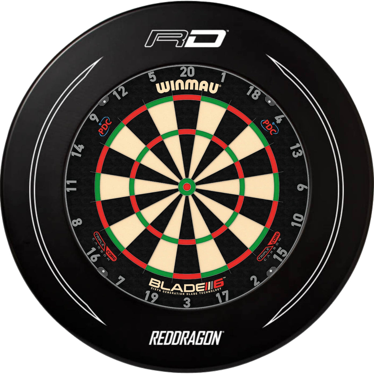 Surrounds &amp; Dartboards - Red Dragon - Printed Dartboard Surround &amp; Dartboard Bundle - Choose Your Board Black / Winmau - Blade 6 Triple Core