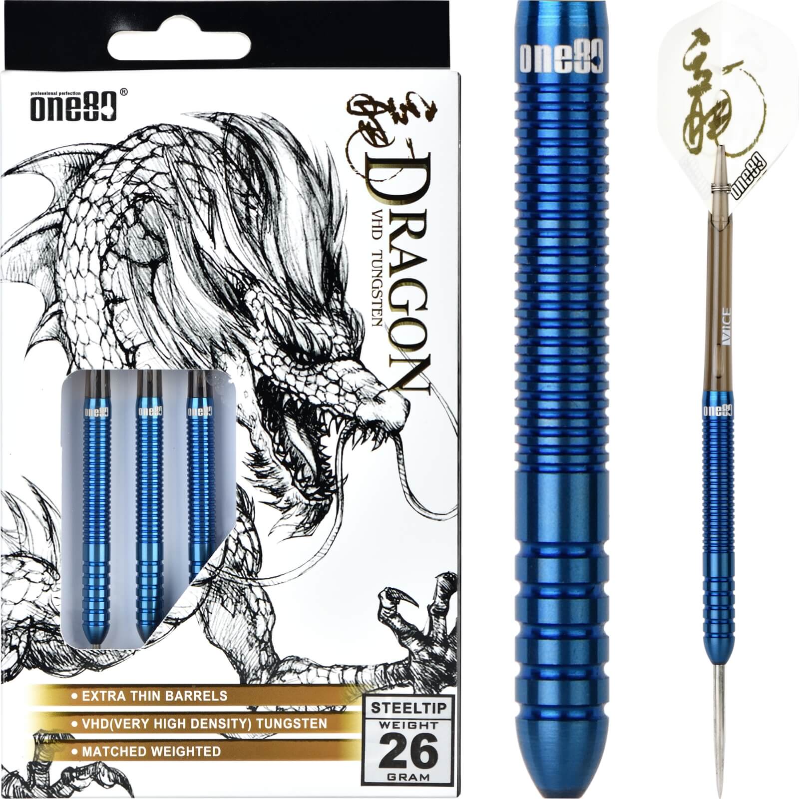 Darts - One80 - Ice Dragon Darts - Steel Tip - 90% Tungsten - 20g 22g 24g 26g 