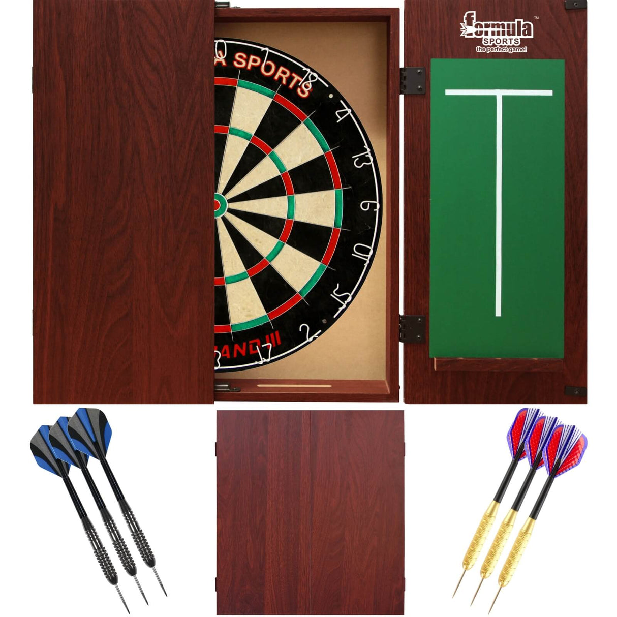 Formula Sports - Micro-Band III Dartboard & Cabinet Ready to Play Bundle - Mahogany