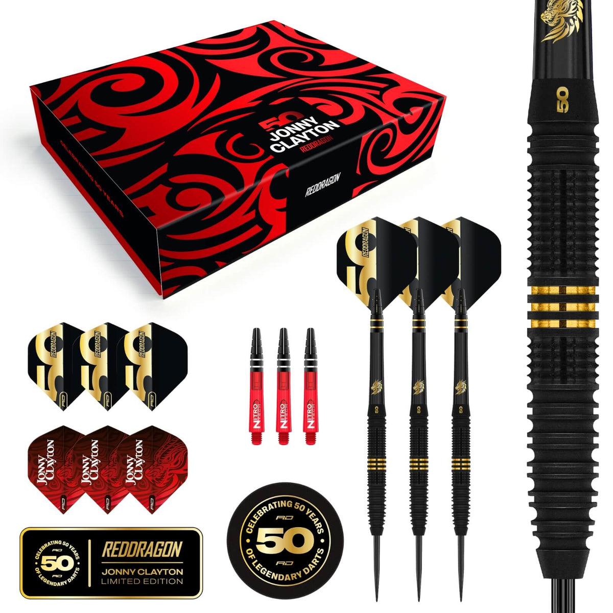 Red Dragon - Jonny Clayton 50 Years Limited Edition Darts - Steel Tip - 90% Tungsten - 22g