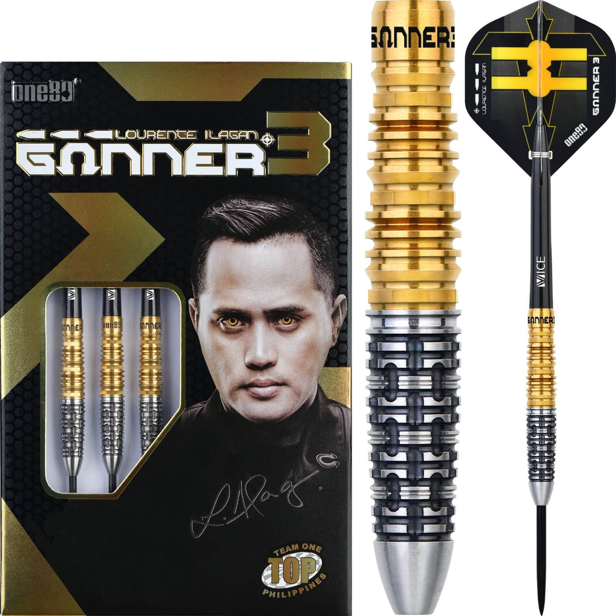 Darts - One80 - Lourence Ilagan Gunner 3 Darts - Steel Tip - 90% Tungsten - 22g 23g 24g 