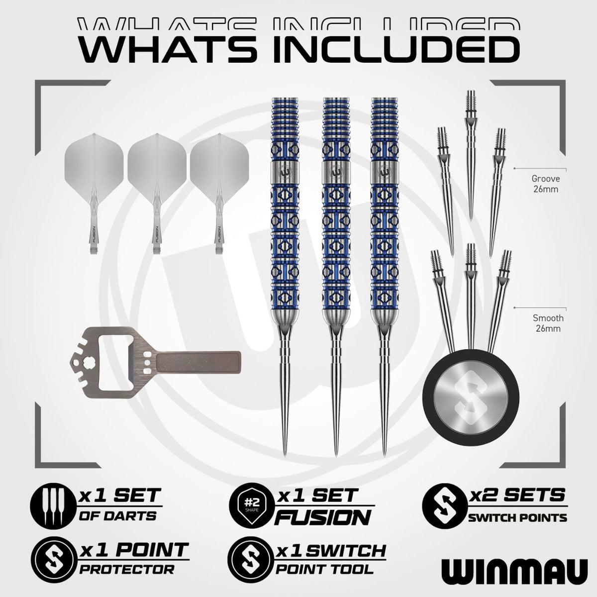 Darts - Winmau - Lunaris Parallel Darts - Switch Points - Steel Tip - 90% Tungsten - 23g 25g