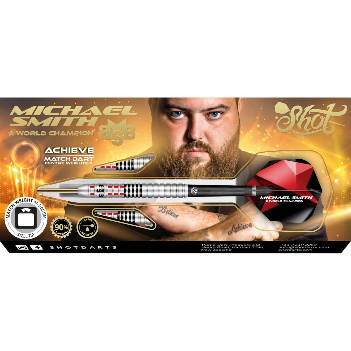 Darts - Shot - Michael Smith Achieve Darts - Steel Tip - 90% Tungsten - 21g 22g 23g 24g 25g 26g 
