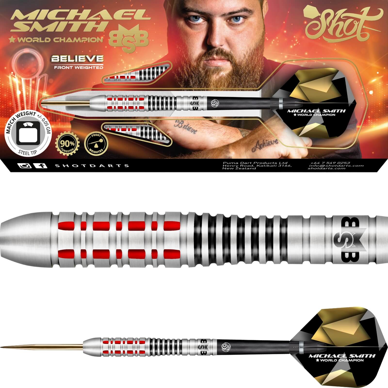 Darts - Shot - Michael Smith Believe Darts - Steel Tip - 90% Tungsten - 22g 23g 24g 25g 26g 