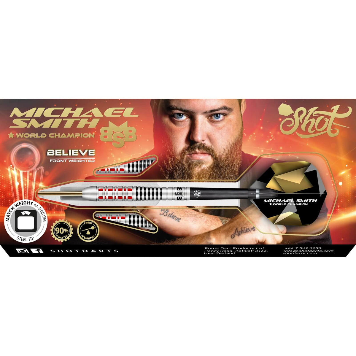 Darts - Shot - Michael Smith Believe Darts - Steel Tip - 90% Tungsten - 22g 23g 24g 25g 26g 