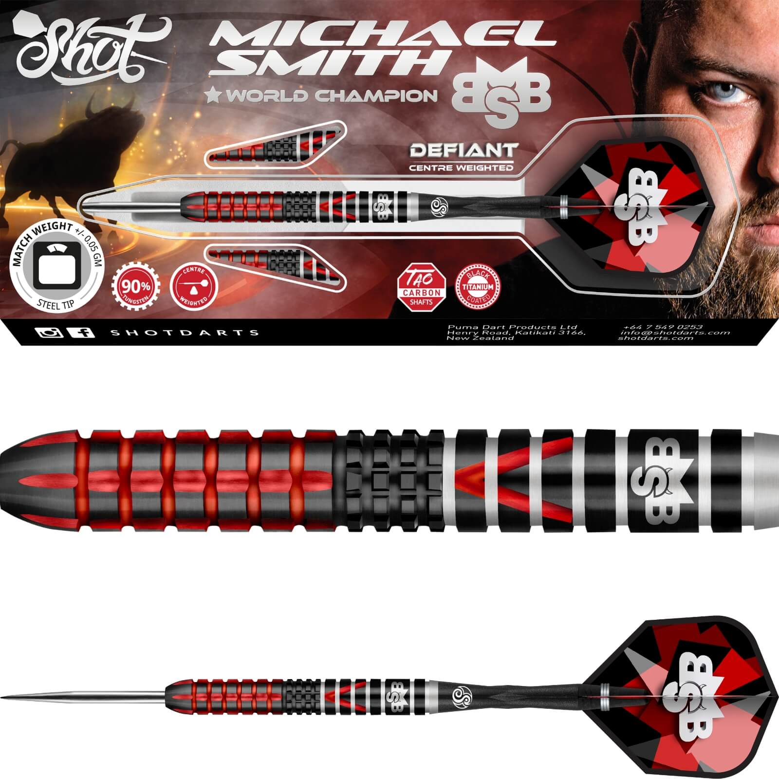 Darts - Shot - Michael Smith Defiant Darts - Steel Tip - 90% Tungsten - 22g 23g 24g 25g 