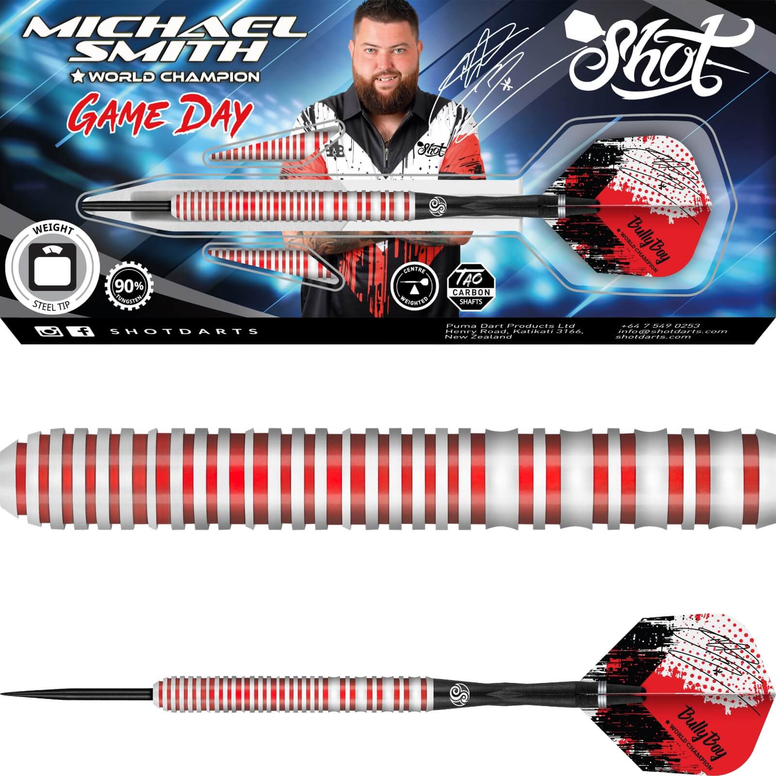 Darts - Shot - Michael Smith Game Day Darts - Steel Tip - 90% Tungsten - 21g 22g 23g 24g 25g 26g