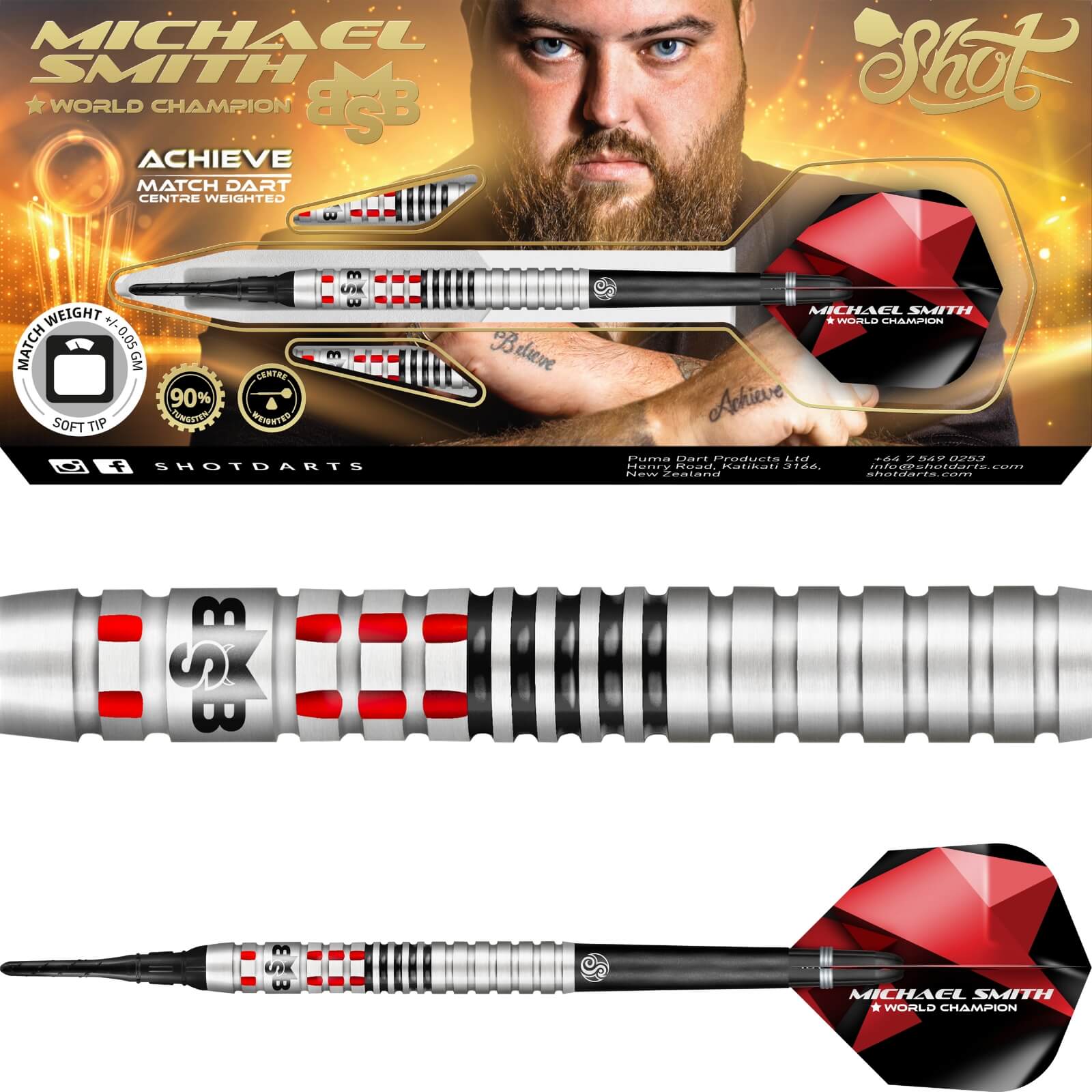 Darts - Shot - Michael Smith Achieve Darts - Soft Tip - 90% Tungsten - 18g 20g 