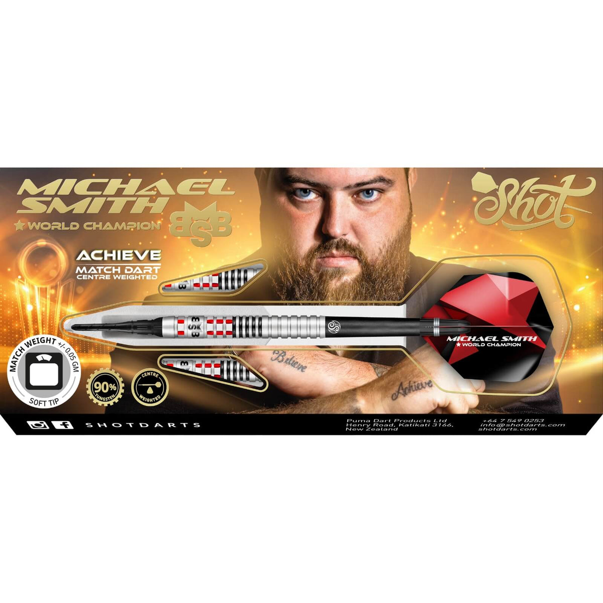 Darts - Shot - Michael Smith Achieve Darts - Soft Tip - 90% Tungsten - 18g 20g 