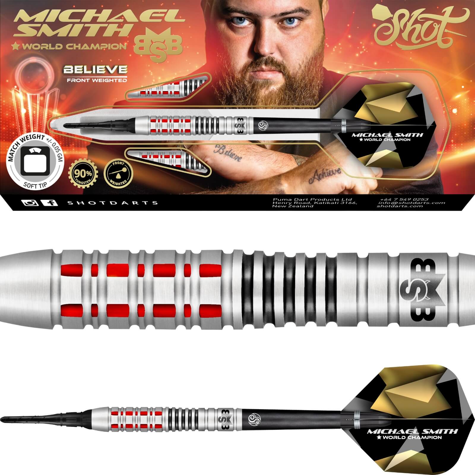 Darts - Shot - Michael Smith Believe Darts - Soft Tip - 90% Tungsten - 18g 20g 