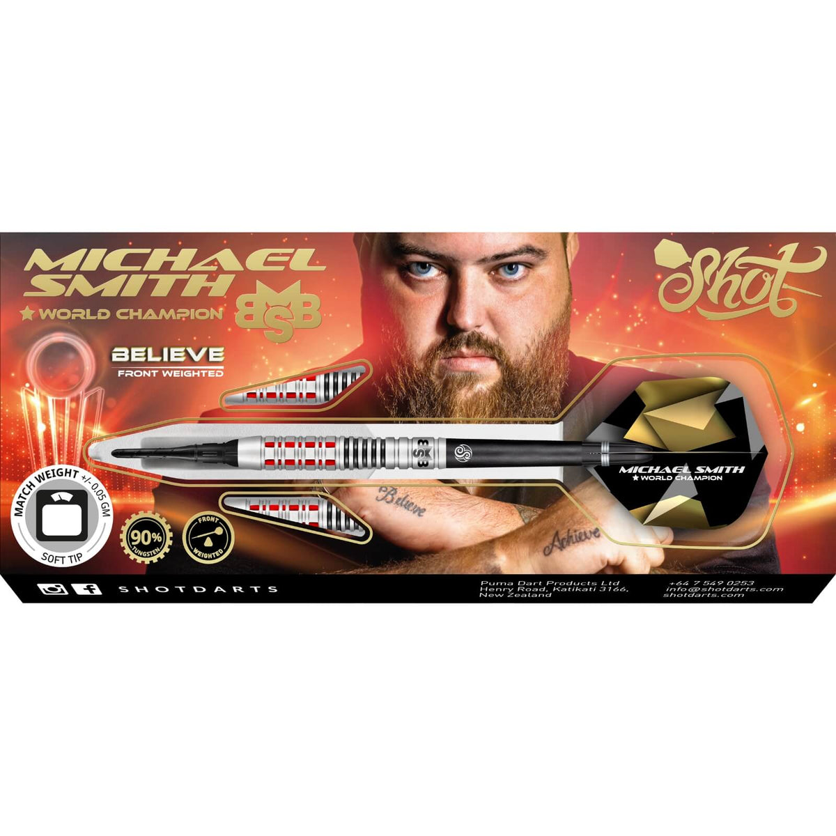 Darts - Shot - Michael Smith Believe Darts - Soft Tip - 90% Tungsten - 18g 20g 