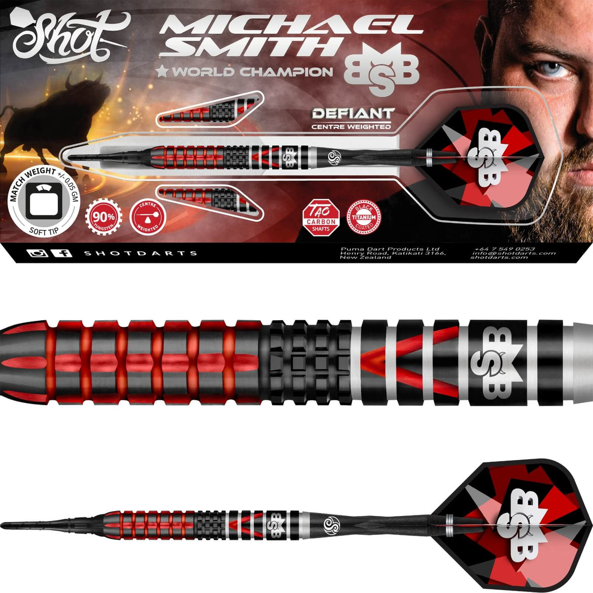 Darts - Shot - Michael Smith Defiant Darts - Soft Tip - 90% Tungsten - 18g 20g 