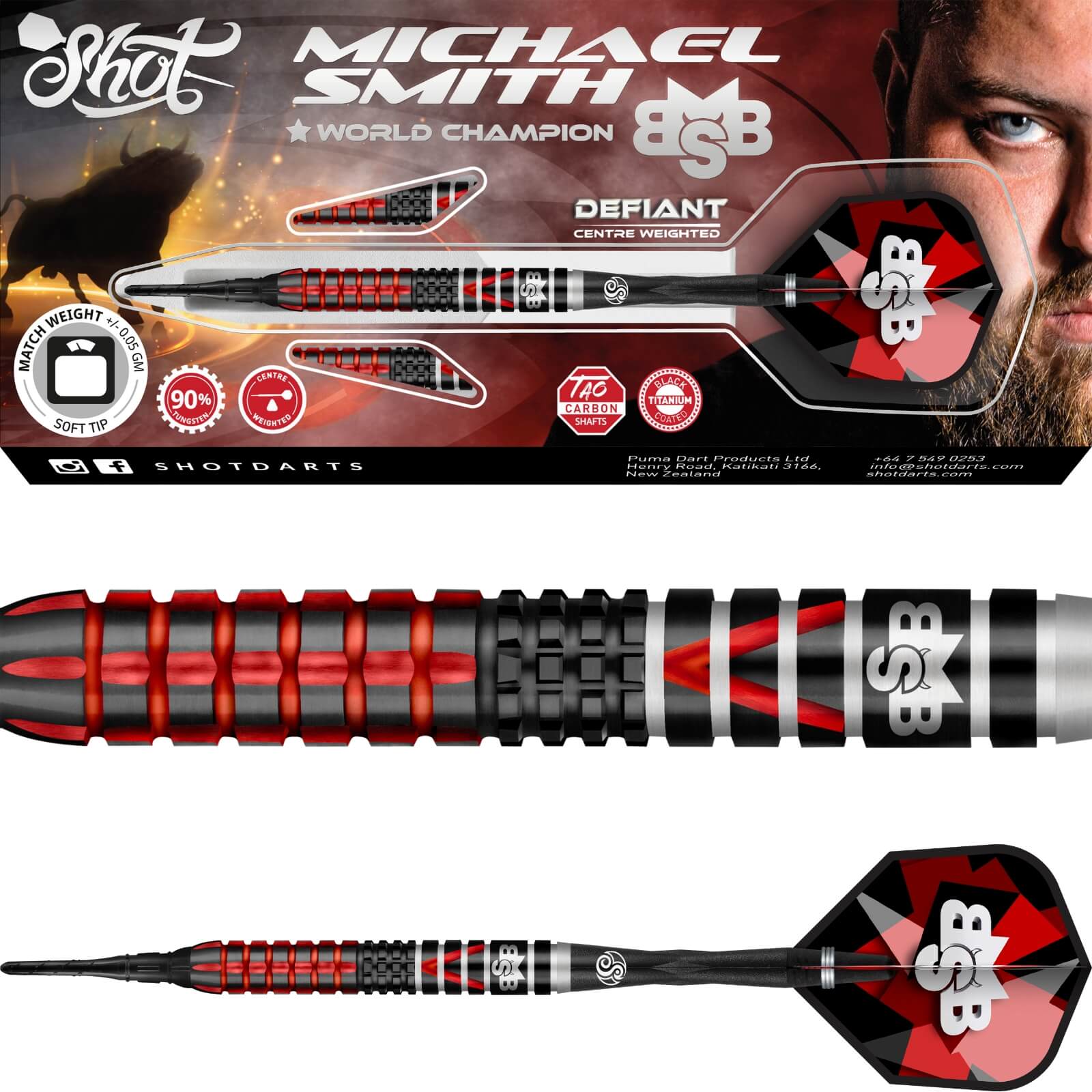 Darts - Shot - Michael Smith Defiant Darts - Soft Tip - 90% Tungsten - 18g 20g 