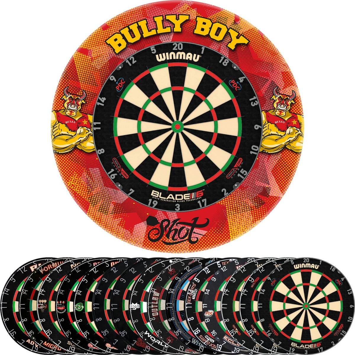 Surrounds &amp; Dartboards - Shot - Michael Smith Dartboard Surround &amp; Dartboard Bundle - Choose Your Board 