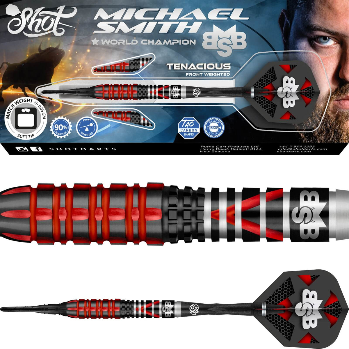Darts - Shot - Michael Smith Tenacious Darts - Soft Tip - 90% Tungsten - 18g 20g 