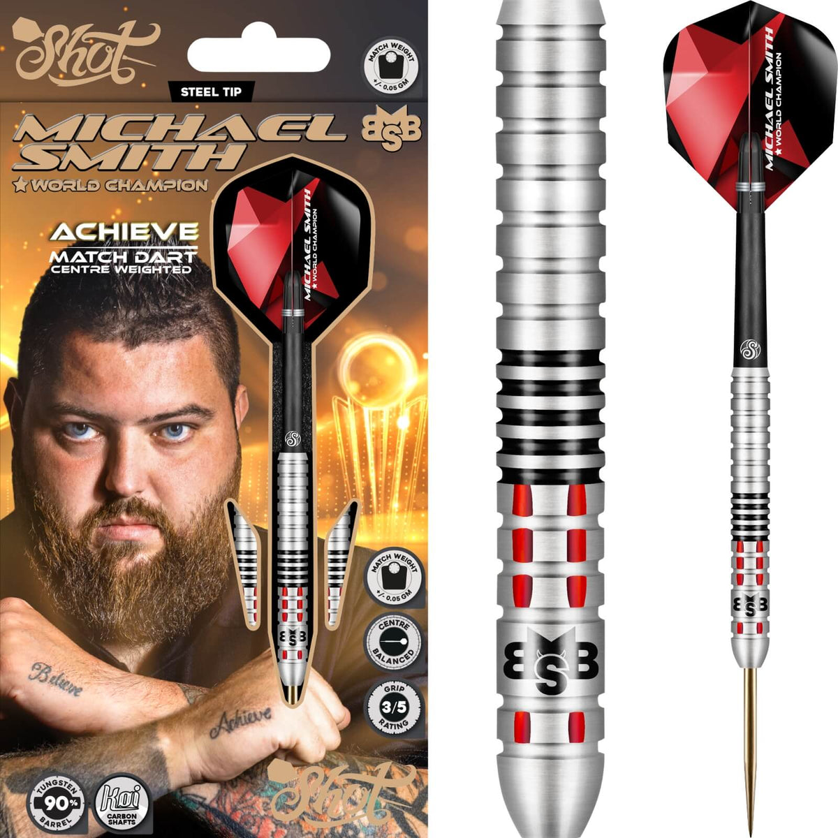 Shot - Michael Smith Achieve Darts - 90% Tungsten - 21g 22g 23g 24g 25g 26g -