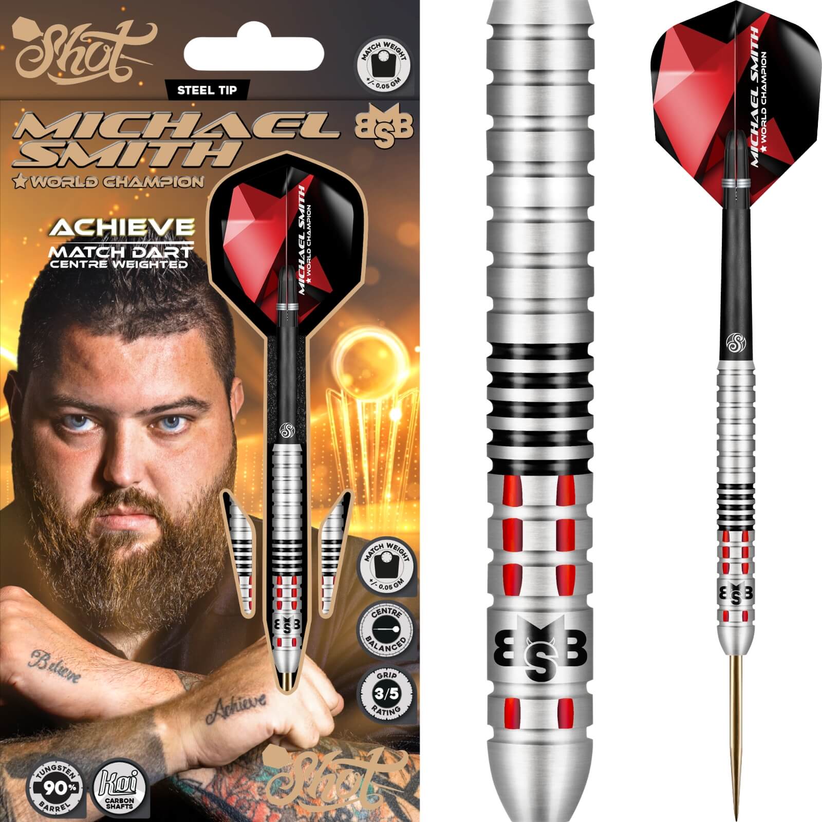 Shot - Michael Smith Achieve Darts - 90% Tungsten - 21g 22g 23g 24g 25g 26g -
