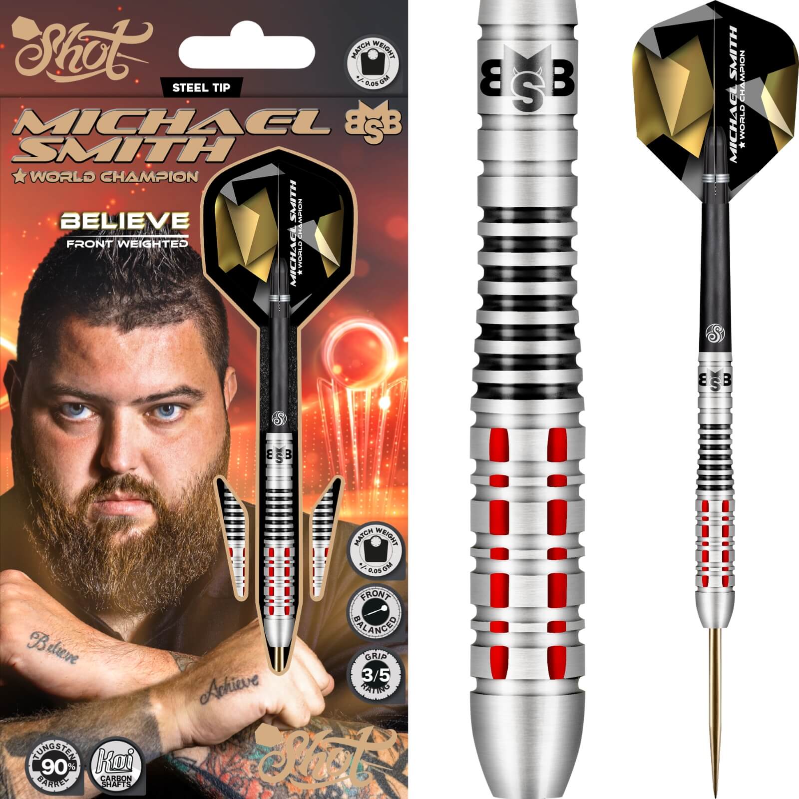 Shot - Michael Smith Believe Darts - 90% Tungsten - 22g 23g 24g 25g 26g -