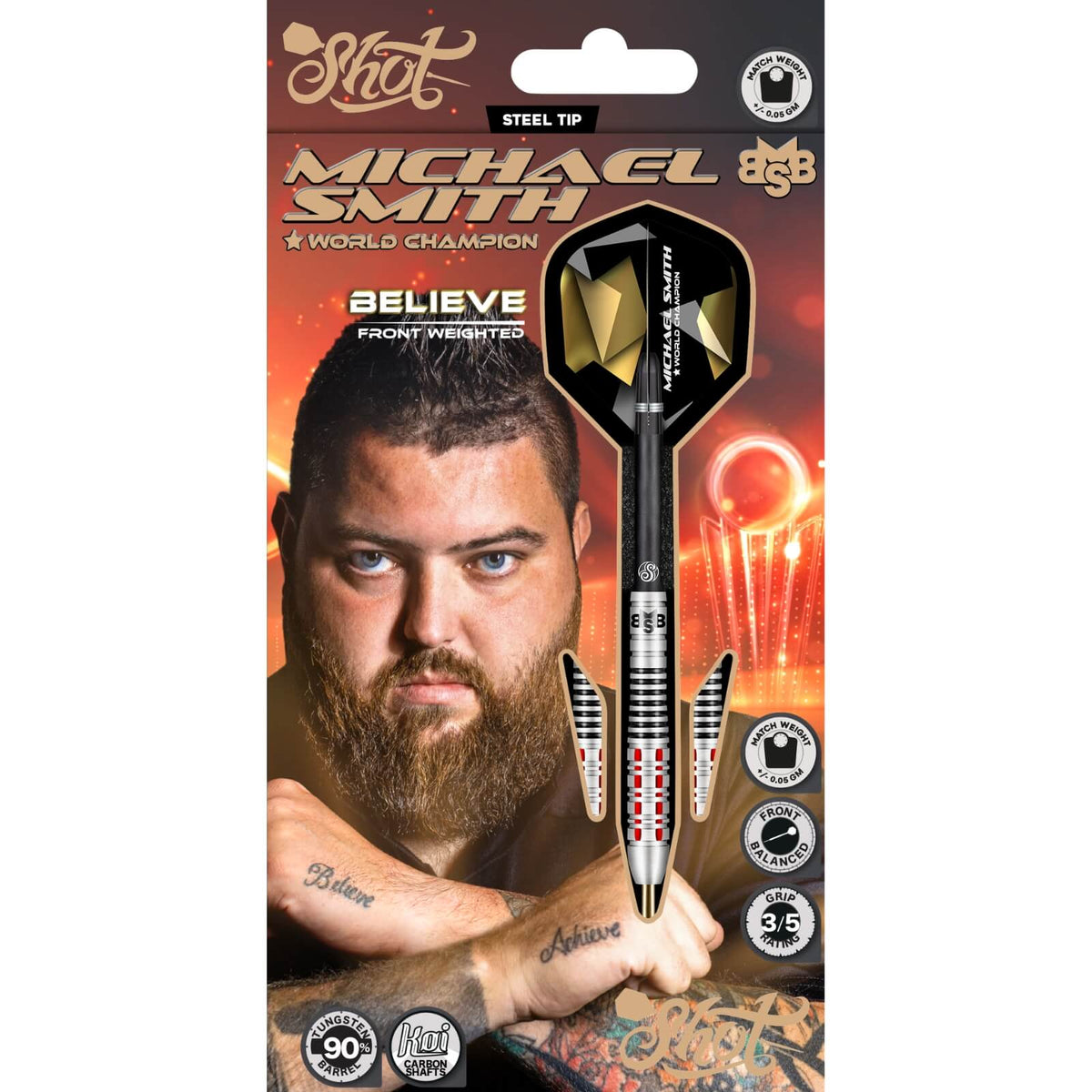Shot - Michael Smith Believe Darts - 90% Tungsten - 22g 23g 24g 25g 26g -