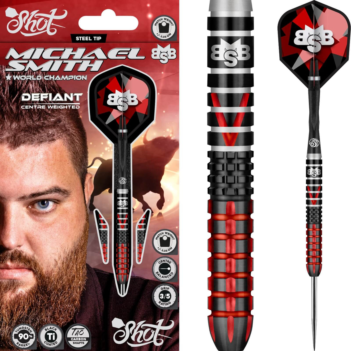 Shot - Michael Smith Defiant Darts - 90% Tungsten - 22g 23g 24g 25g -