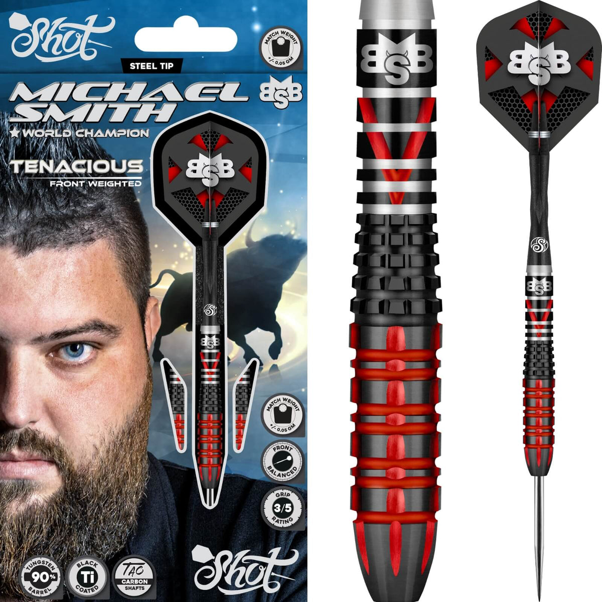 Shot - Michael Smith Tenacious Darts - 90% Tungsten - 23g 24g 25g -
