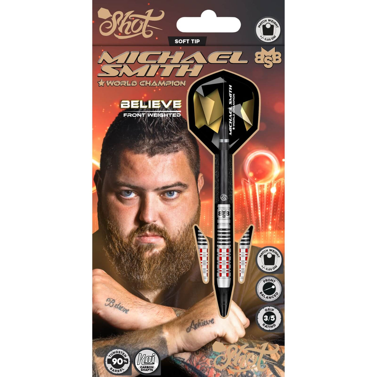 Shot - Michael Smith Believe Darts - Soft Tip - 90% Tungsten - 18g 20g -
