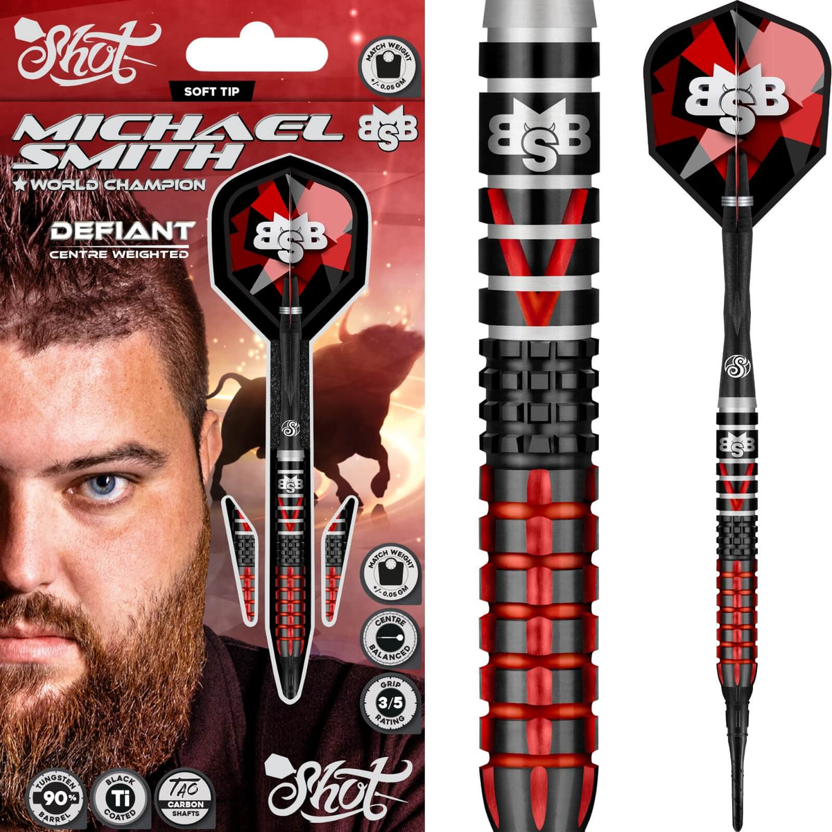 Shot - Michael Smith Defiant Darts - Soft Tip - 90% Tungsten - 18g 20g