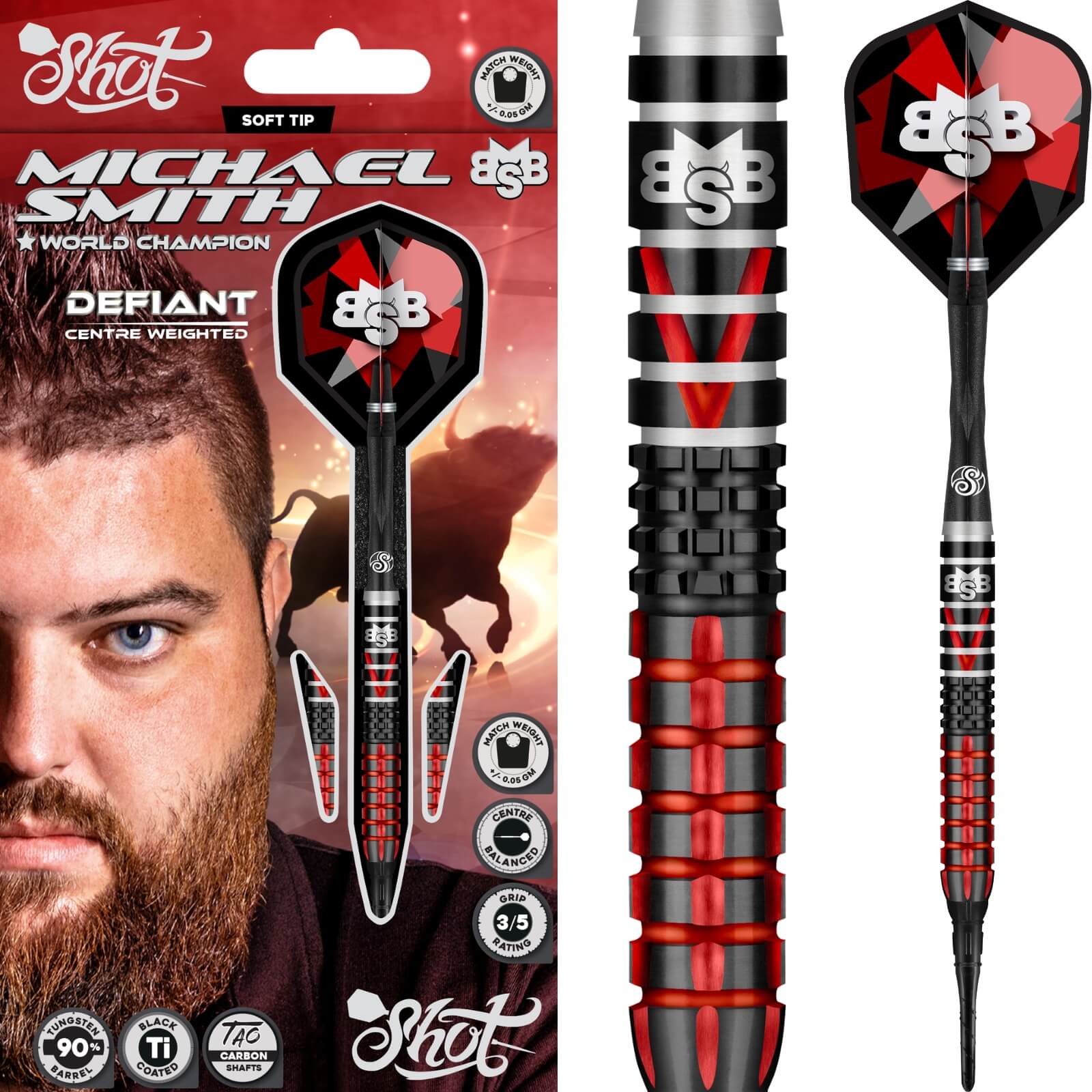 Shot - Michael Smith Defiant Darts - Soft Tip - 90% Tungsten - 18g 20g