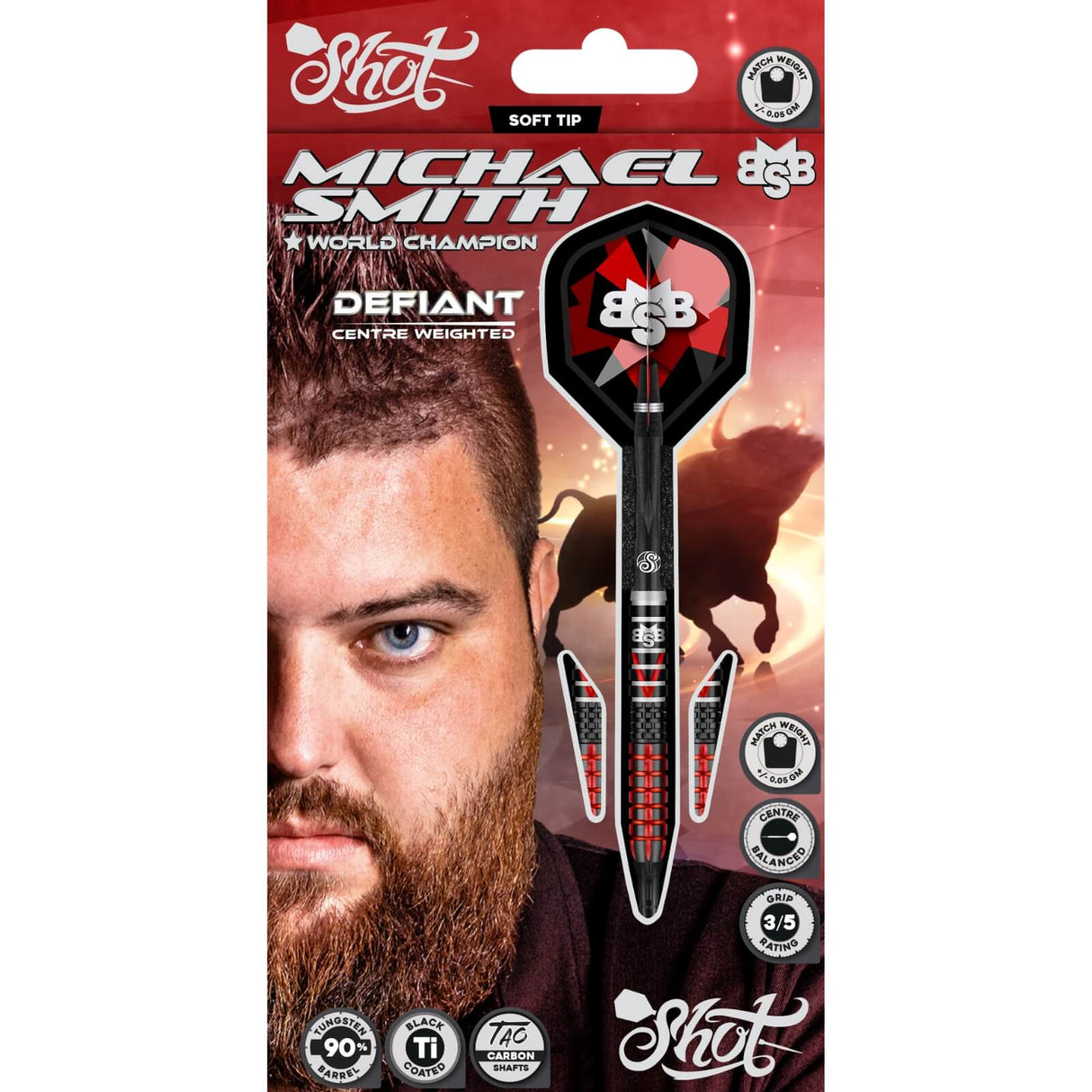 Shot - Michael Smith Defiant Darts - Soft Tip - 90% Tungsten - 18g 20g -