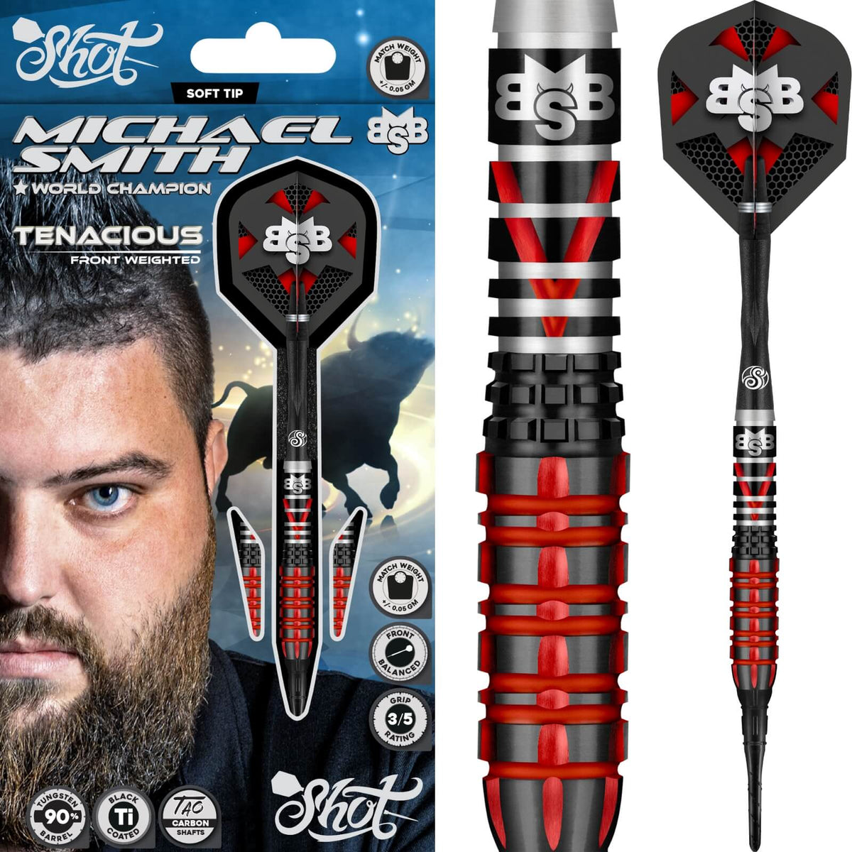 Shot - Michael Smith Tenacious Darts - Soft Tip - 90% Tungsten - 18g 20g