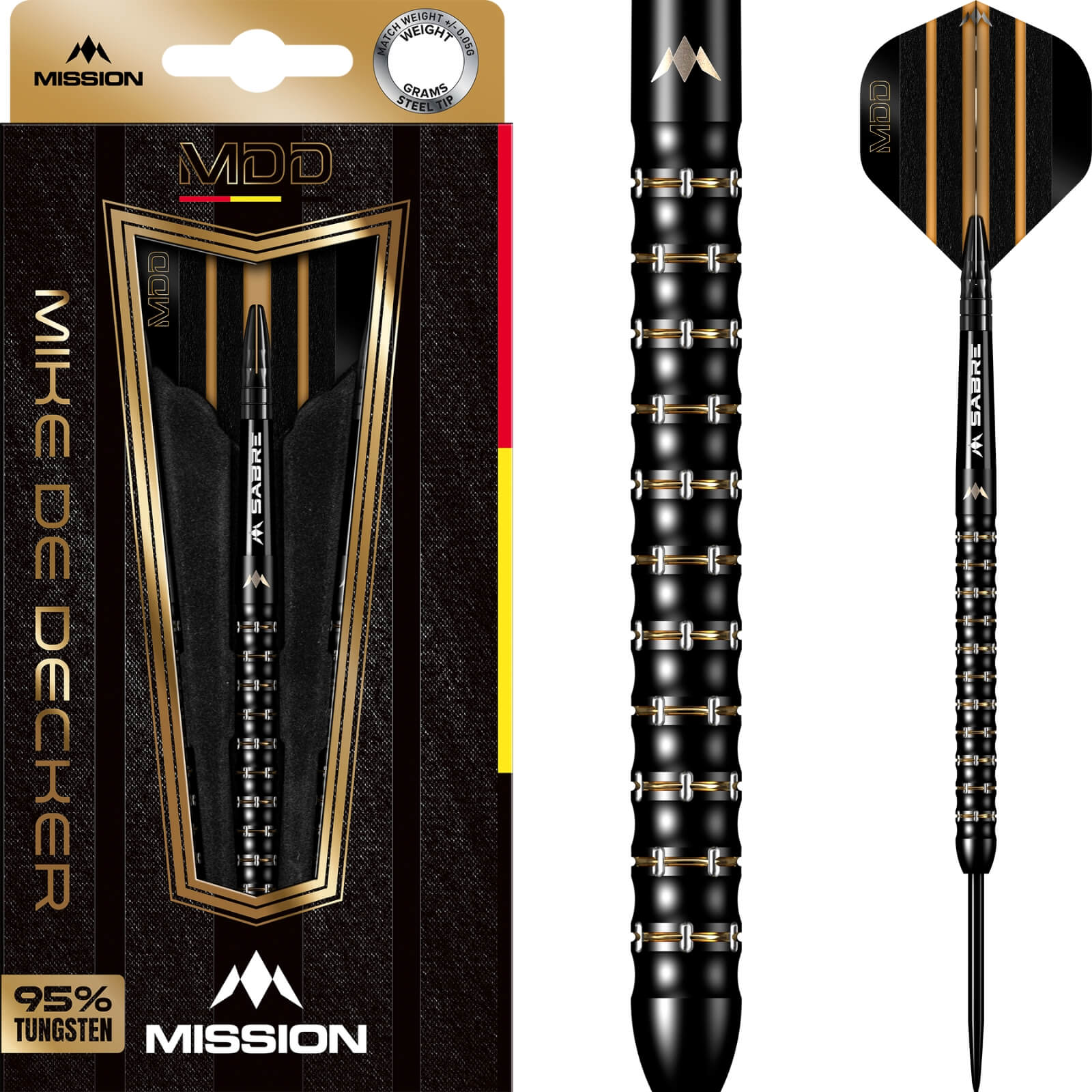 Darts - Mission - Mike De Decker Black & Gold Darts - Steel Tip - 95% Tungsten - 22g 24g