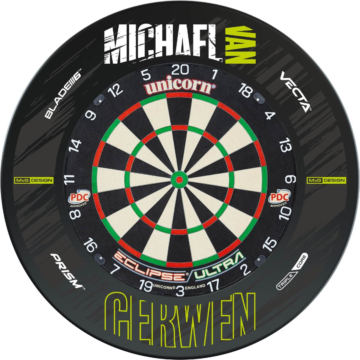 Surrounds &amp; Dartboards - Winmau - MvG Retro Dartboard Surround &amp; Dartboard Bundle - Choose Your Board Unicorn - Eclipse Ultra