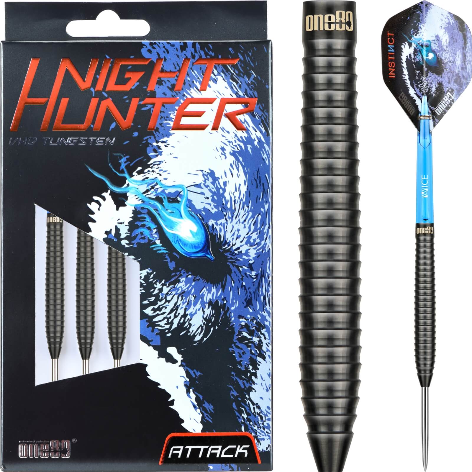 Darts - One80 - Night Hunter Attack Darts - Steel Tip - 90% Tungsten - 22g 24g