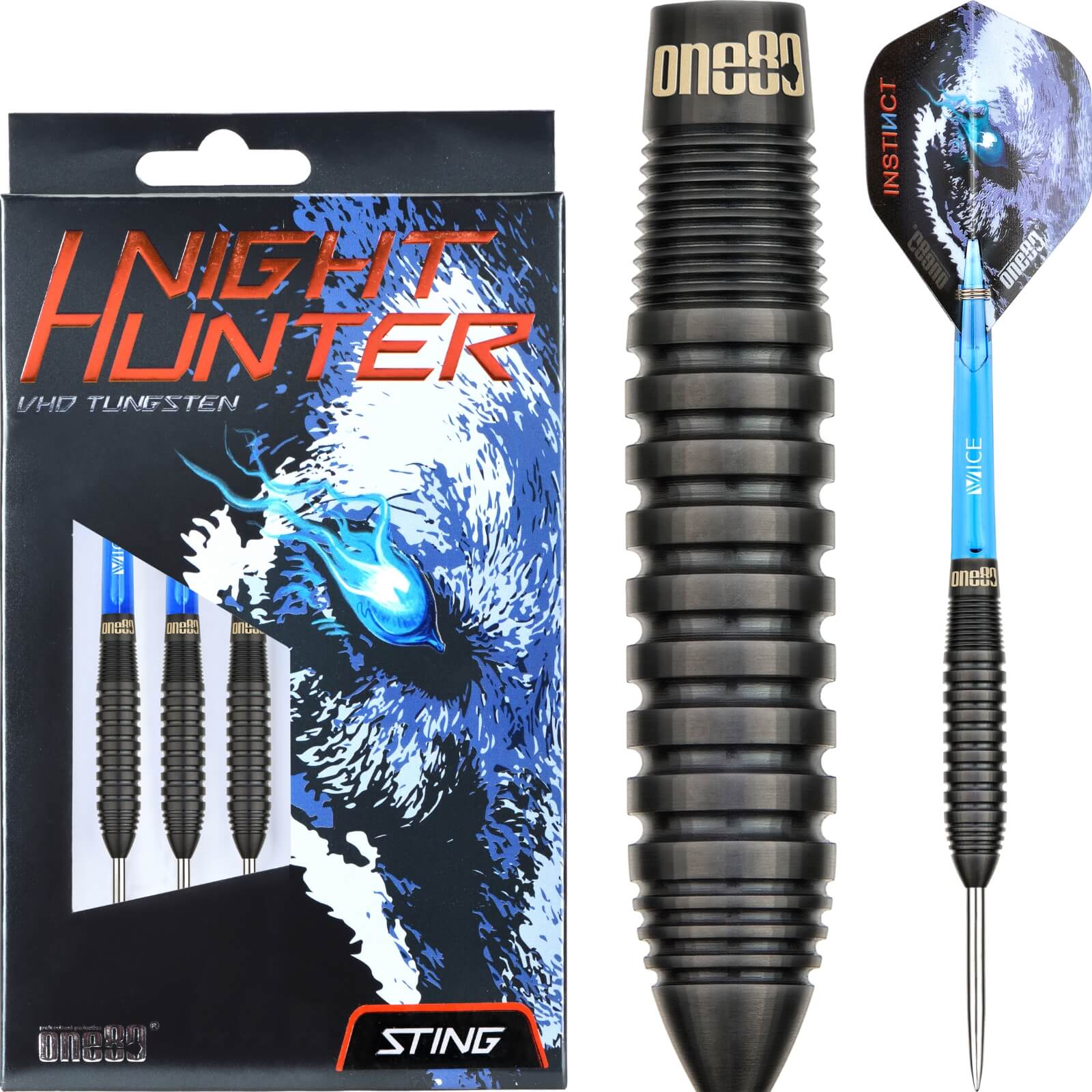 Darts - One80 - Night Hunter Sting Darts - Steel Tip - 90% Tungsten - 22g 24g