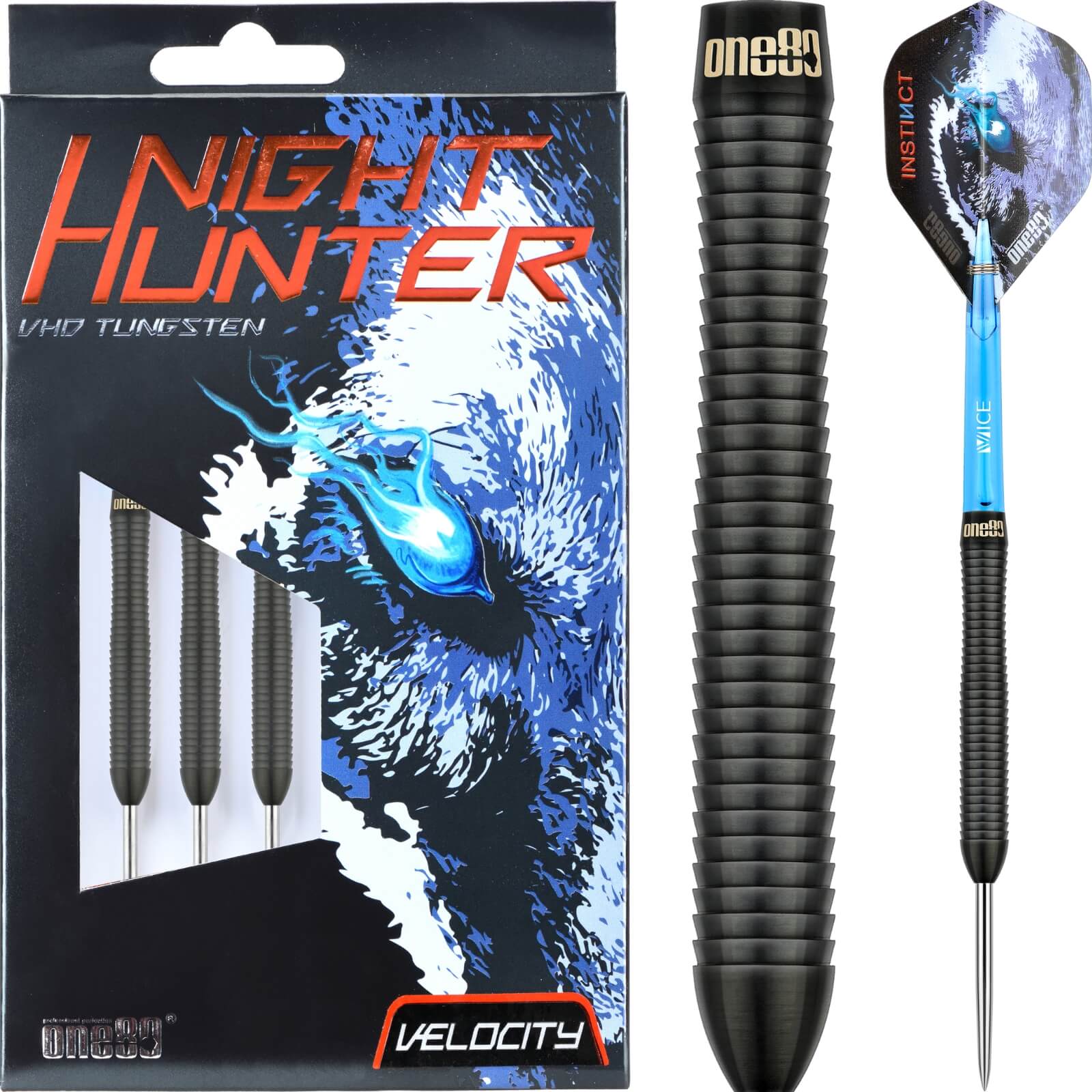 Darts - One80 - Night Hunter Velocity Darts - Steel Tip - 90% Tungsten - 22g 24g
