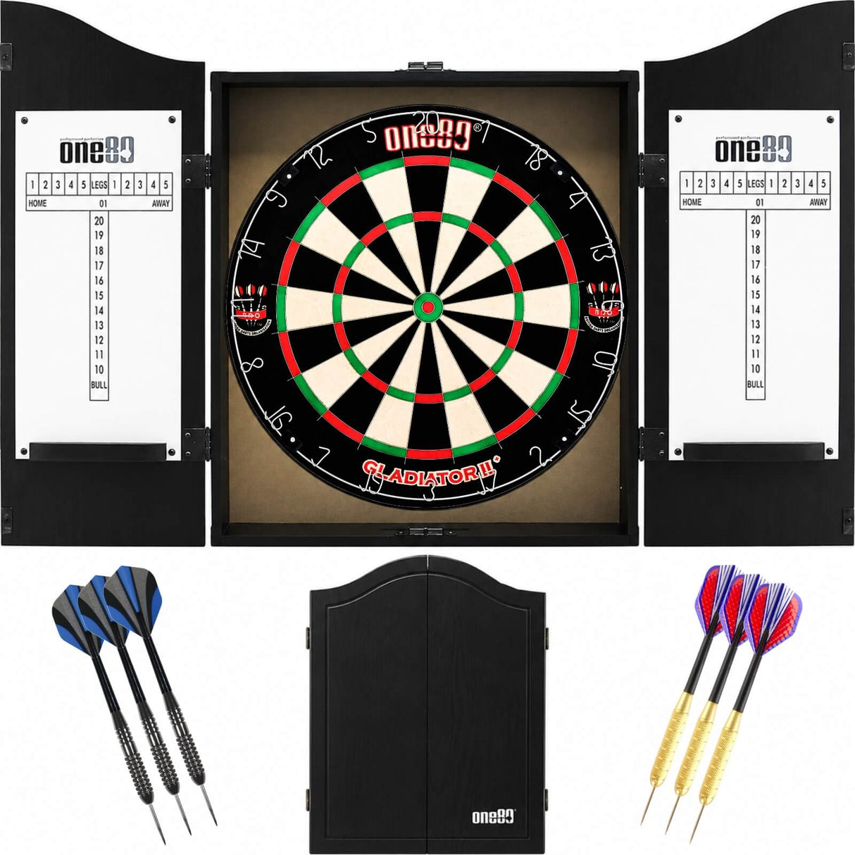 One80 - Gladiator 2+ Dartboard & Cabinet Ready to Play Bundle - Black