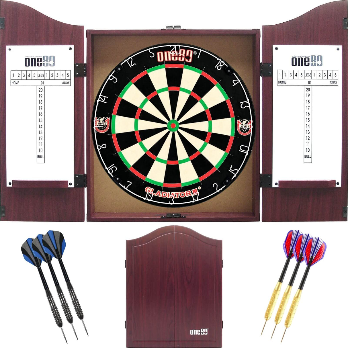 One80 - Gladiator 3+ Dartboard & Cabinet Ready to Play Bundle - Rosewood