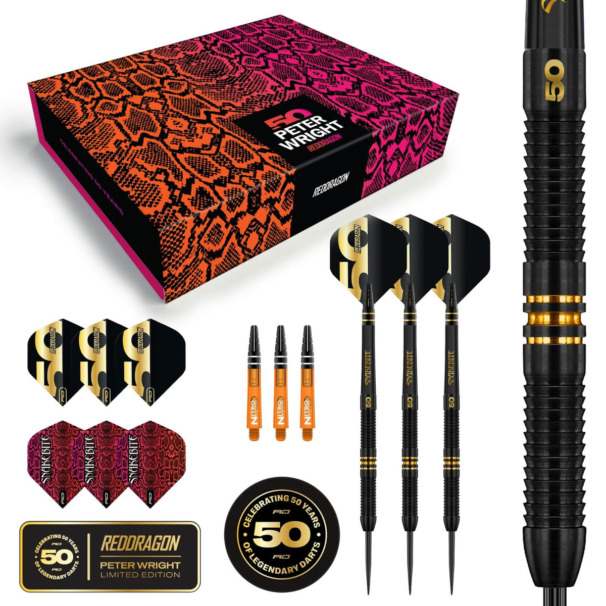 Red Dragon - Peter Wright 50 Years Limited Edition Darts - Steel Tip - 90% Tungsten - 21g