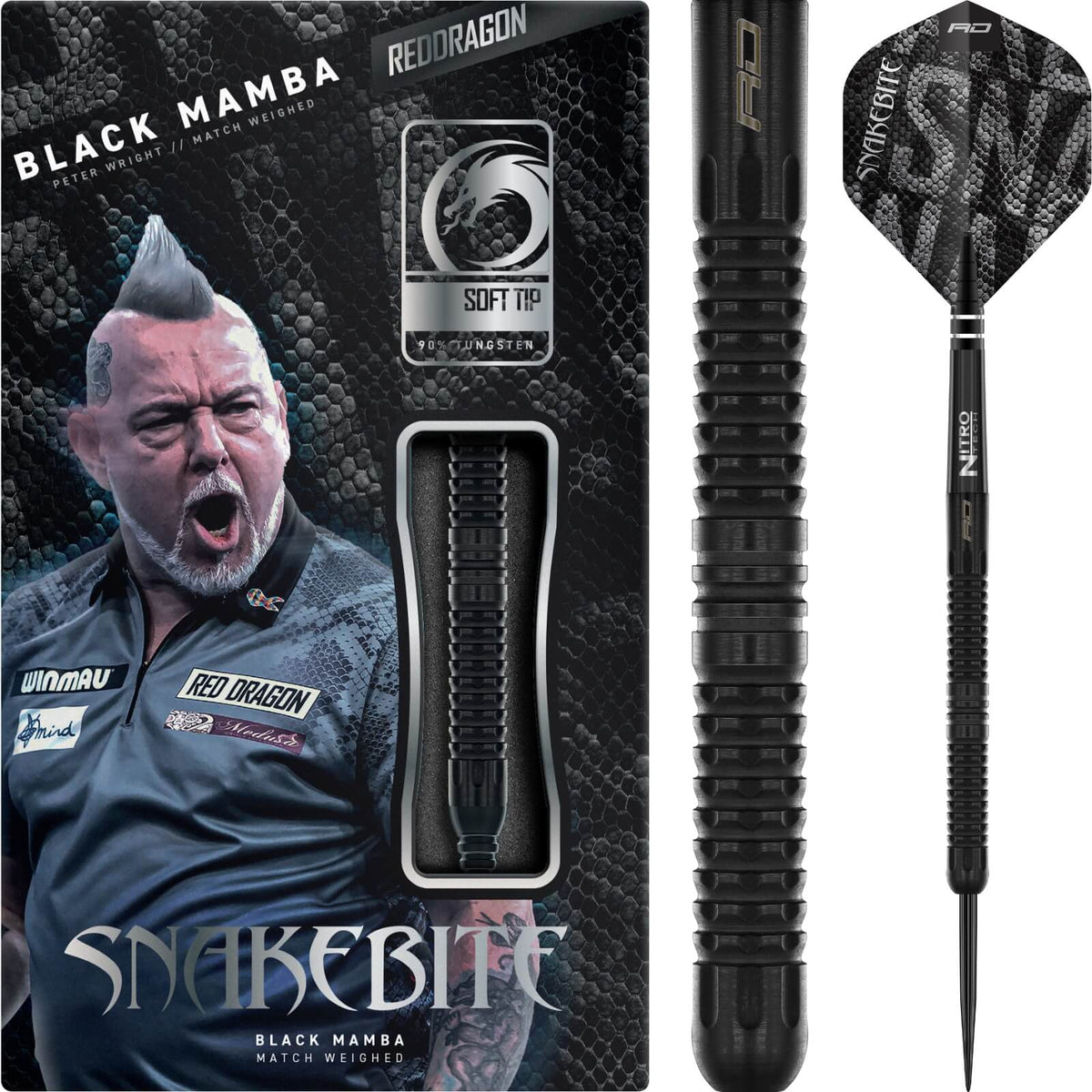 Darts - Red Dragon - Peter Wright Black Mamba Darts - Steel Tip - 90% Tungsten - 22g 24g