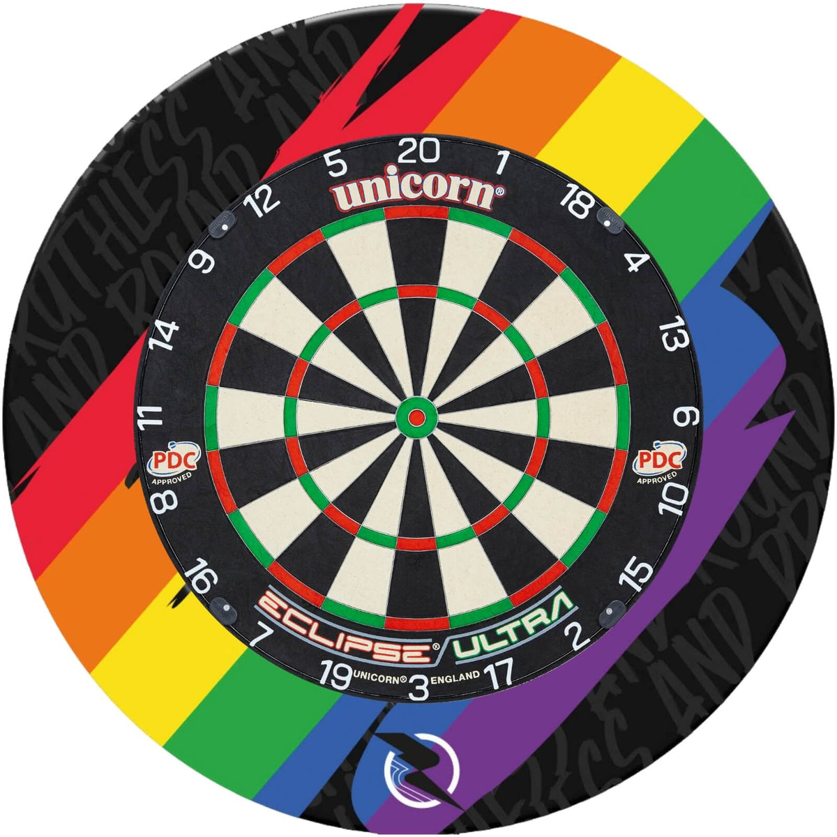 Surrounds &amp; Dartboards - Ruthless - Pride &amp; Proud Dartboard Surround &amp; Dartboard Bundle - Choose Your Board Unicorn - Eclipse Ultra