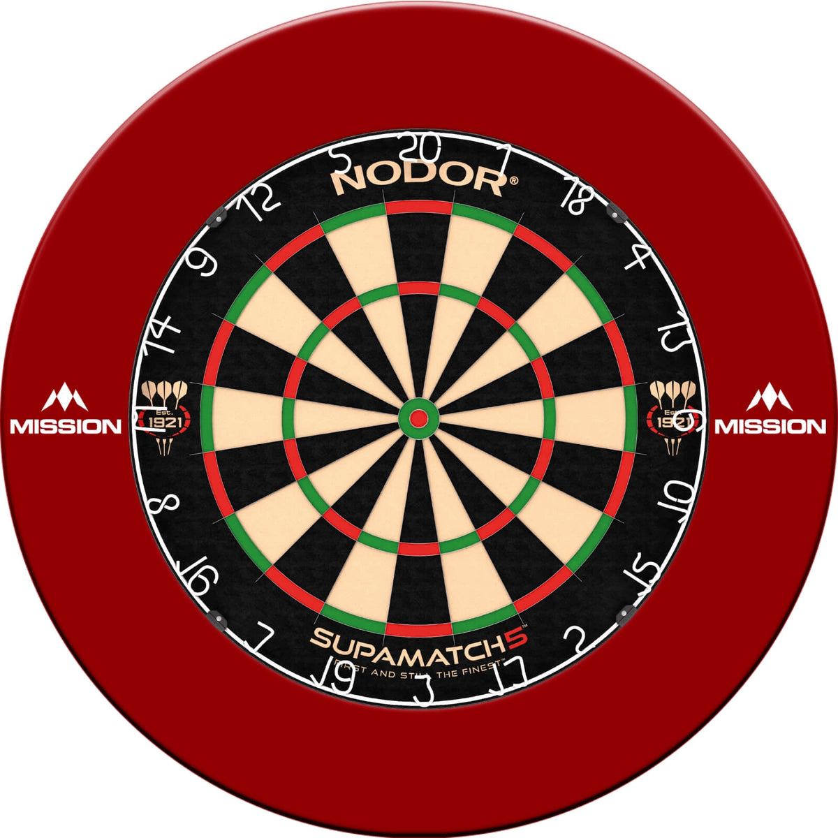 Surrounds &amp; Dartboards - Mission - Printed Dartboard Surround &amp; Dartboard Bundle - Choose Your Board Red / Nodor - Supamatch 5