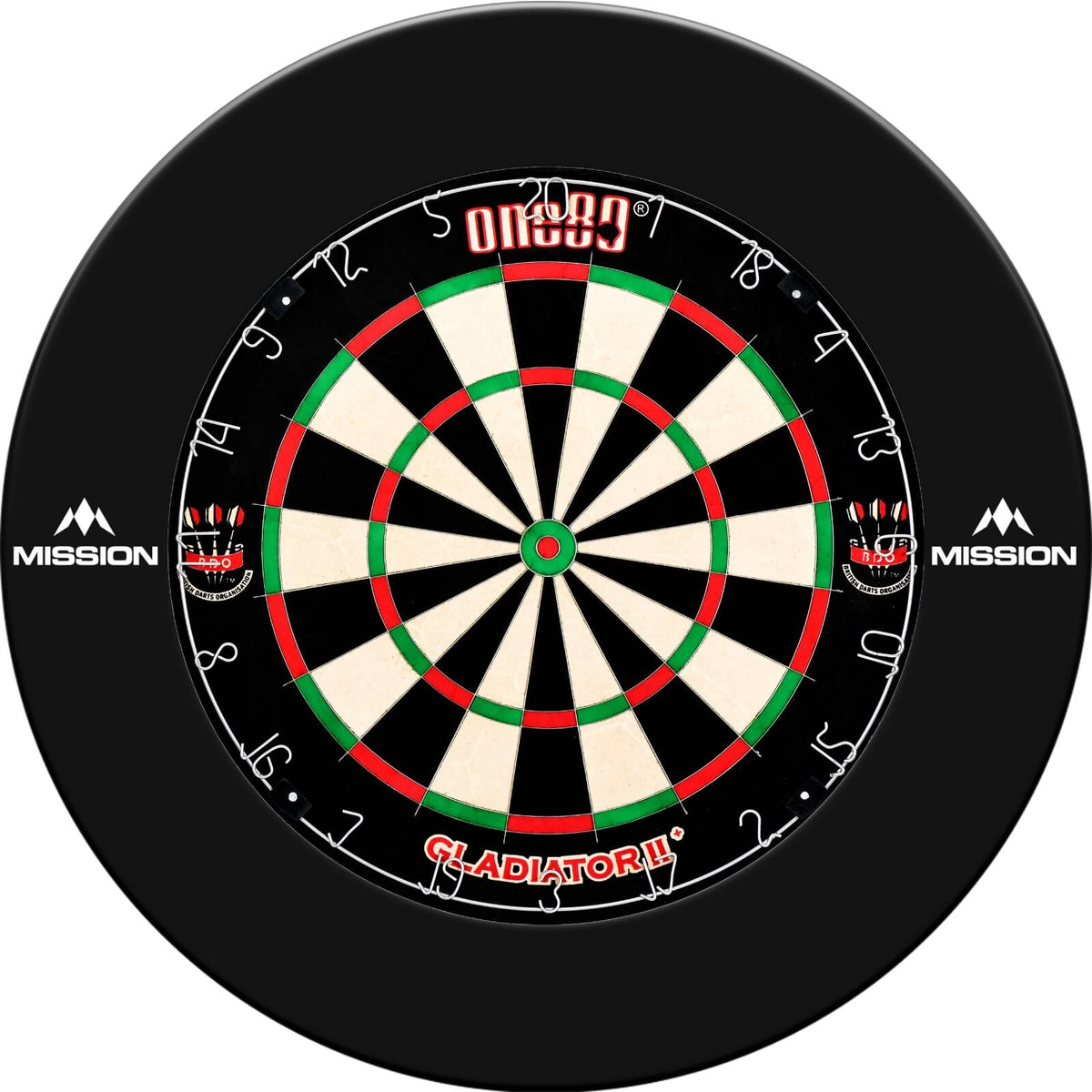 Surrounds &amp; Dartboards - Mission - Printed Dartboard Surround &amp; Dartboard Bundle - Choose Your Board Black / One80 - Gladiator 2+