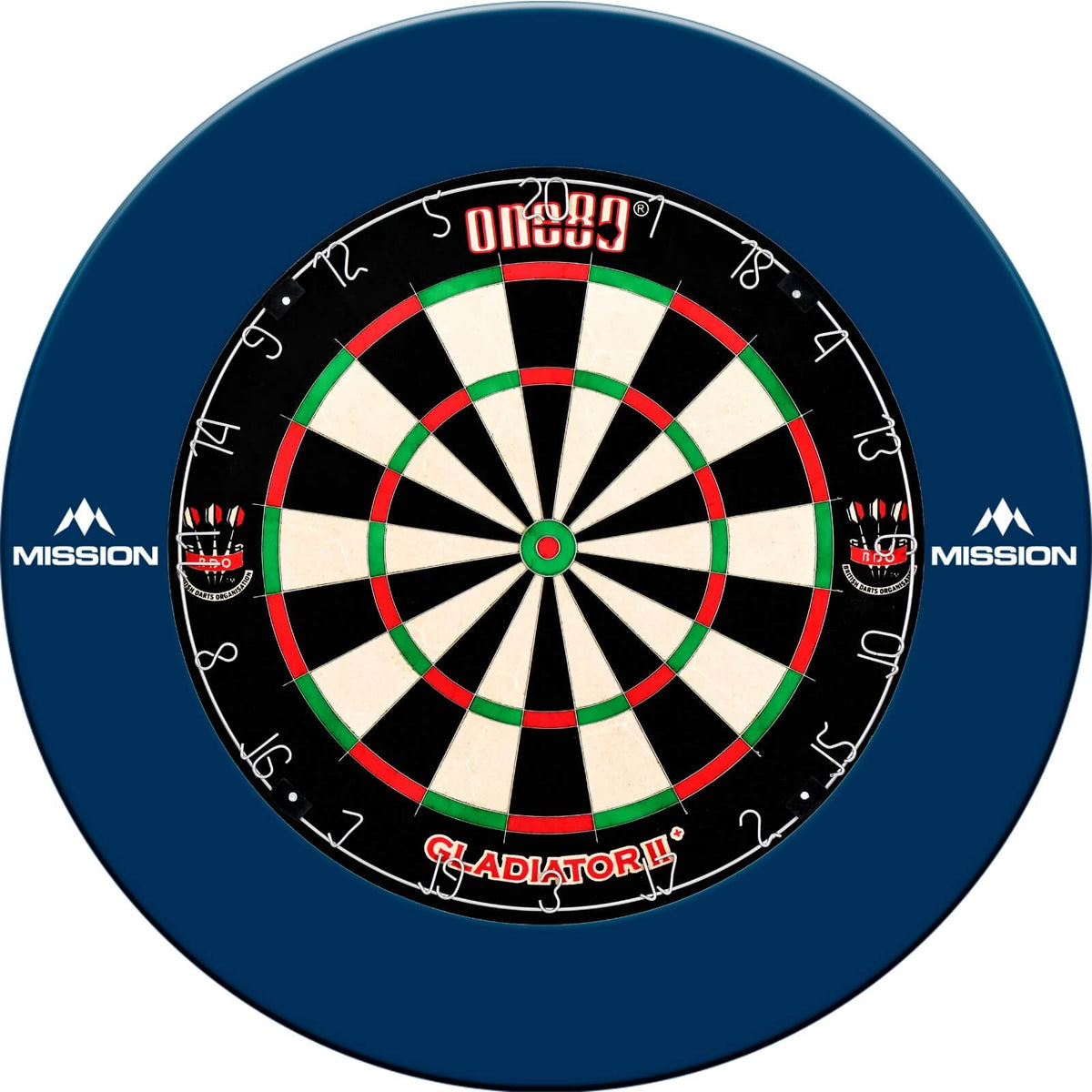 Surrounds &amp; Dartboards - Mission - Printed Dartboard Surround &amp; Dartboard Bundle - Choose Your Board Blue / One80 - Gladiator 2+