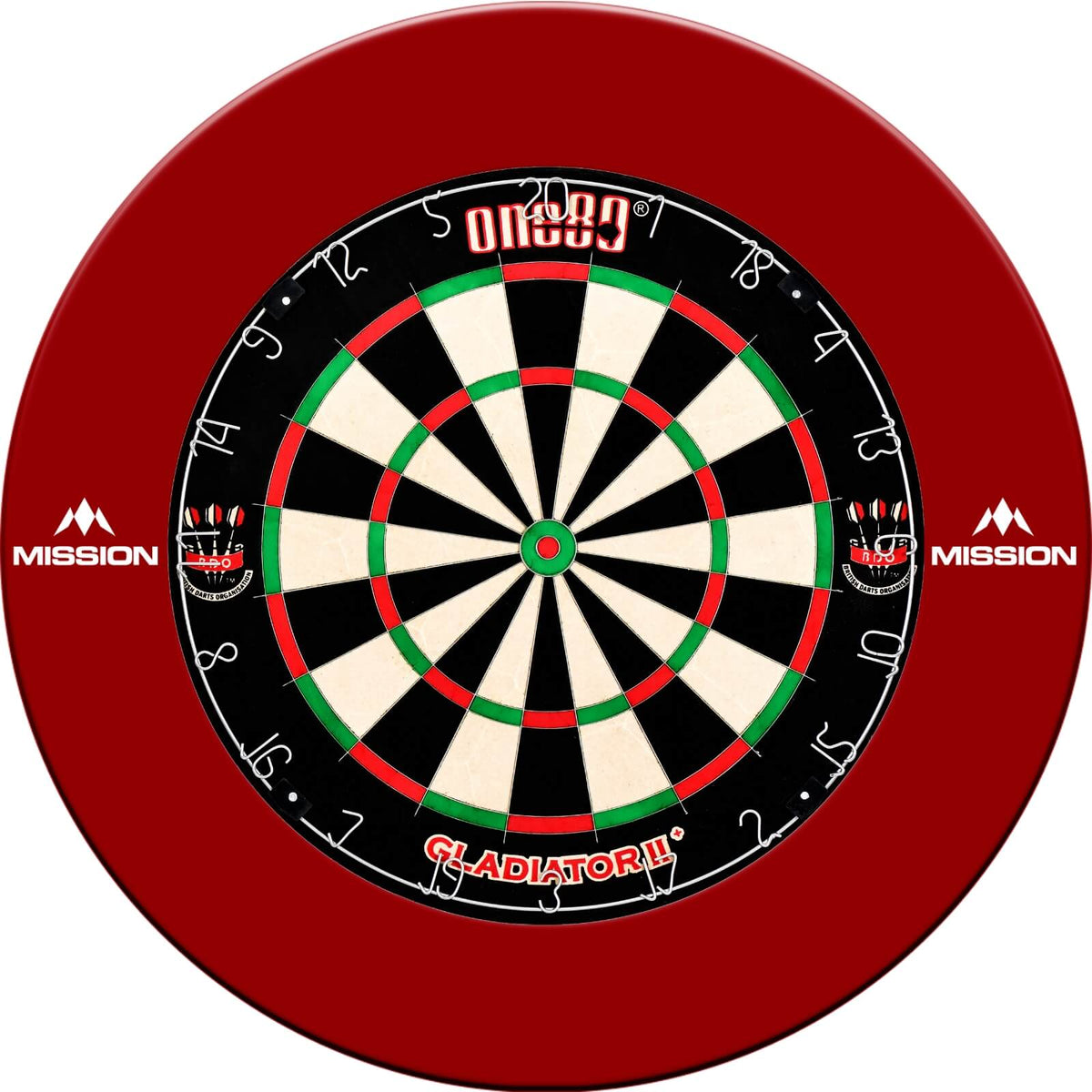 Surrounds &amp; Dartboards - Mission - Printed Dartboard Surround &amp; Dartboard Bundle - Choose Your Board Red / One80 - Gladiator 2+