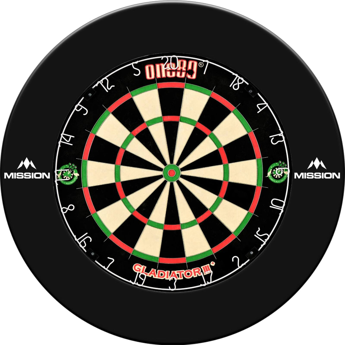 Surrounds &amp; Dartboards - Mission - Printed Dartboard Surround &amp; Dartboard Bundle - Choose Your Board Black / One80 - Gladiator 3+